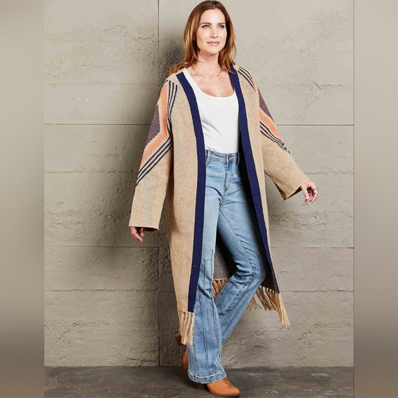 Fringe Retro Geometric Knit Duster Cardigan Sleeve Colorful Open Front Sweater - Picture 11 of 15
